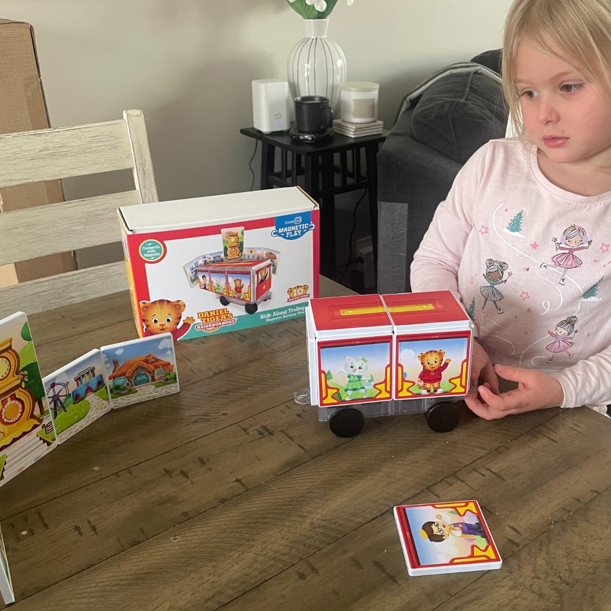 CreateOn Daniel Tiger museum tiles invite kids to explore shapes and spaces while learning.