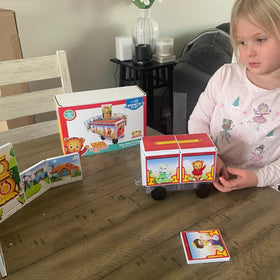 CreateOn Daniel Tiger museum tiles invite kids to explore shapes and spaces while learning.