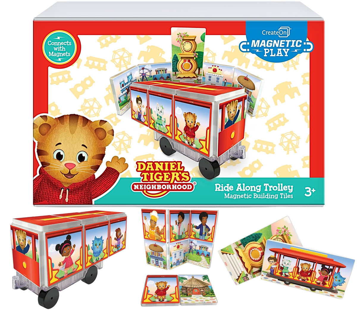 CreateOn Daniel Tiger Neighborhood trolley tiles support imaginative play and storytelling through community exploration.