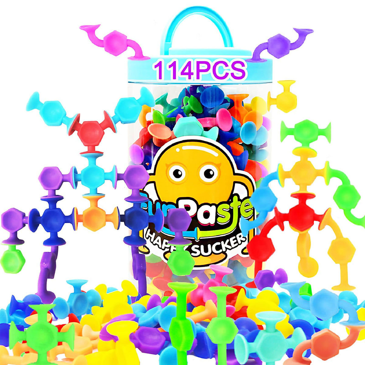 CreateView 114-piece suction cup toy set boosts tactile exploration on tub surfaces.