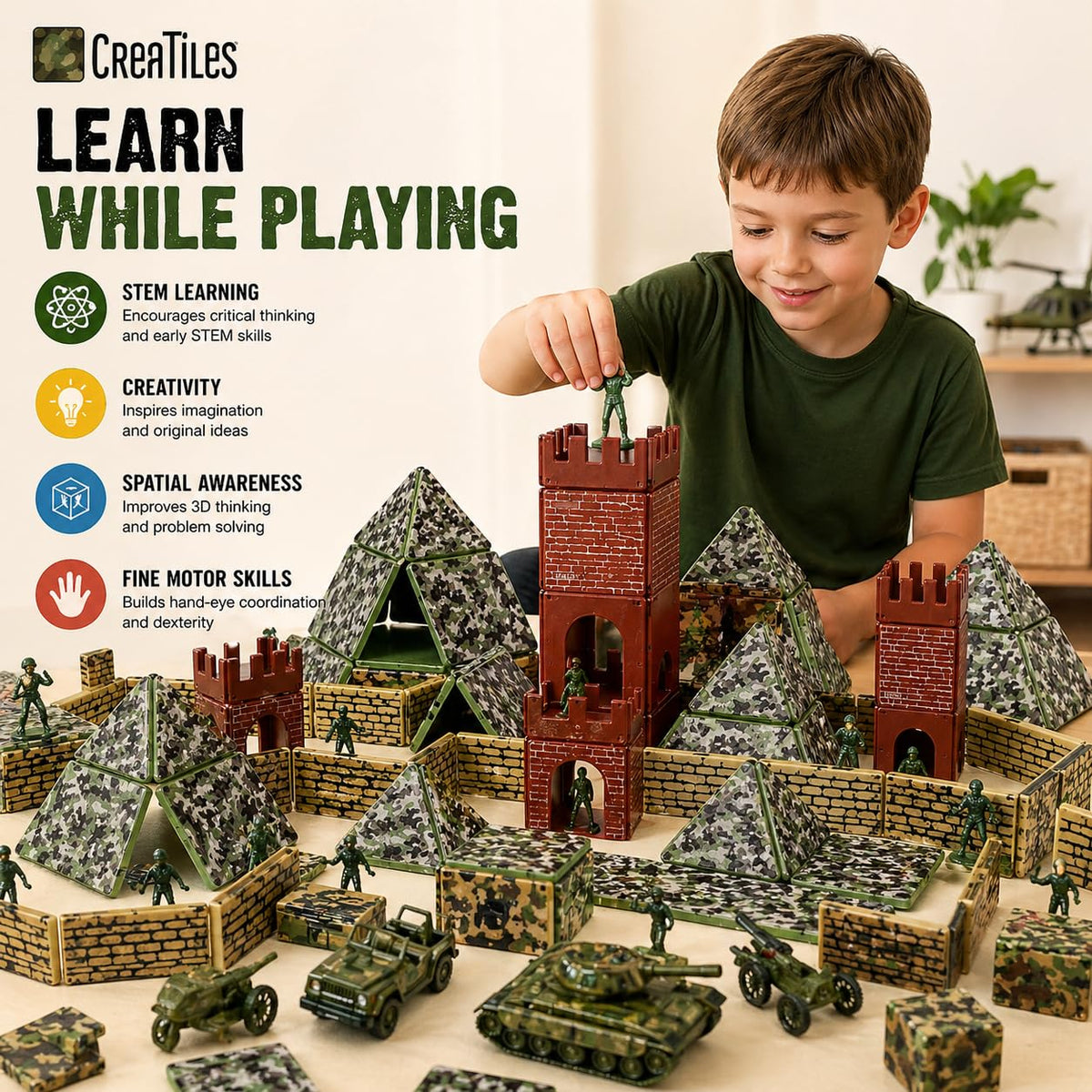 Creatiles army war themed playset tiles highlight vibrant colors for color recognition and construction.