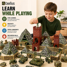 Creatiles army war themed playset tiles highlight vibrant colors for color recognition and construction.