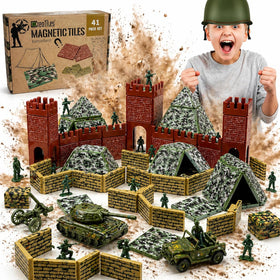 Creatiles military base magnetic tiles showing a sturdy battlefield setup for imaginative play and learning.