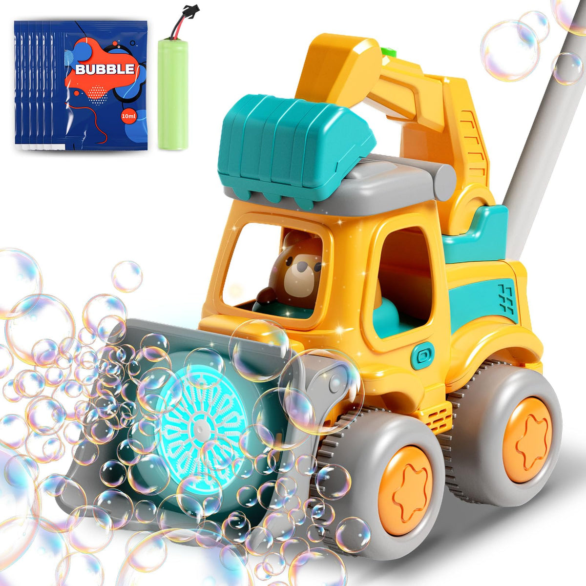 CreatiMachi Bubble Machine with bear driver creates vivid bubbles for outdoor play.