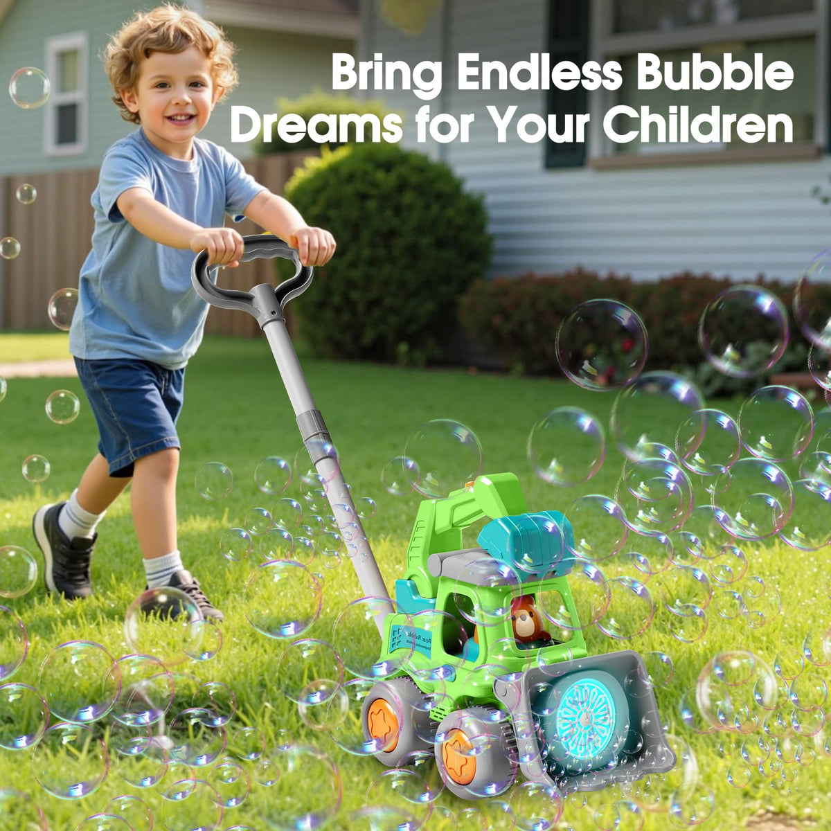 CreatiMachi Bubble Machine supports safe outdoor or indoor toddler play.