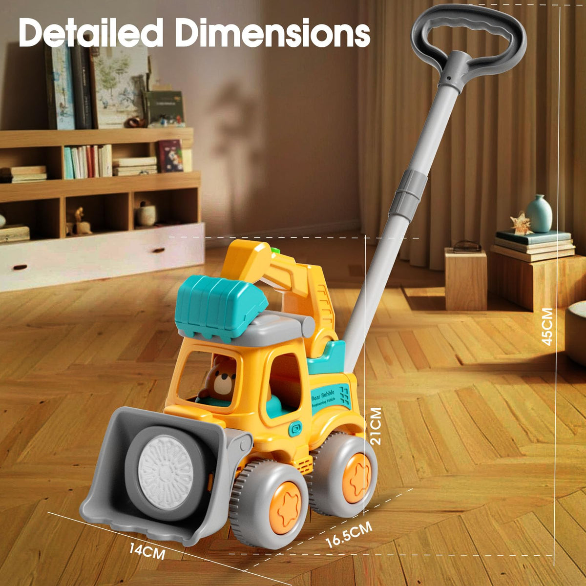 Lawn mower mode with extended handle for easy push along bubble fun.
