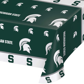 Creative Converting MSU plastic tablecloth on a party table, protecting surfaces during celebrations.