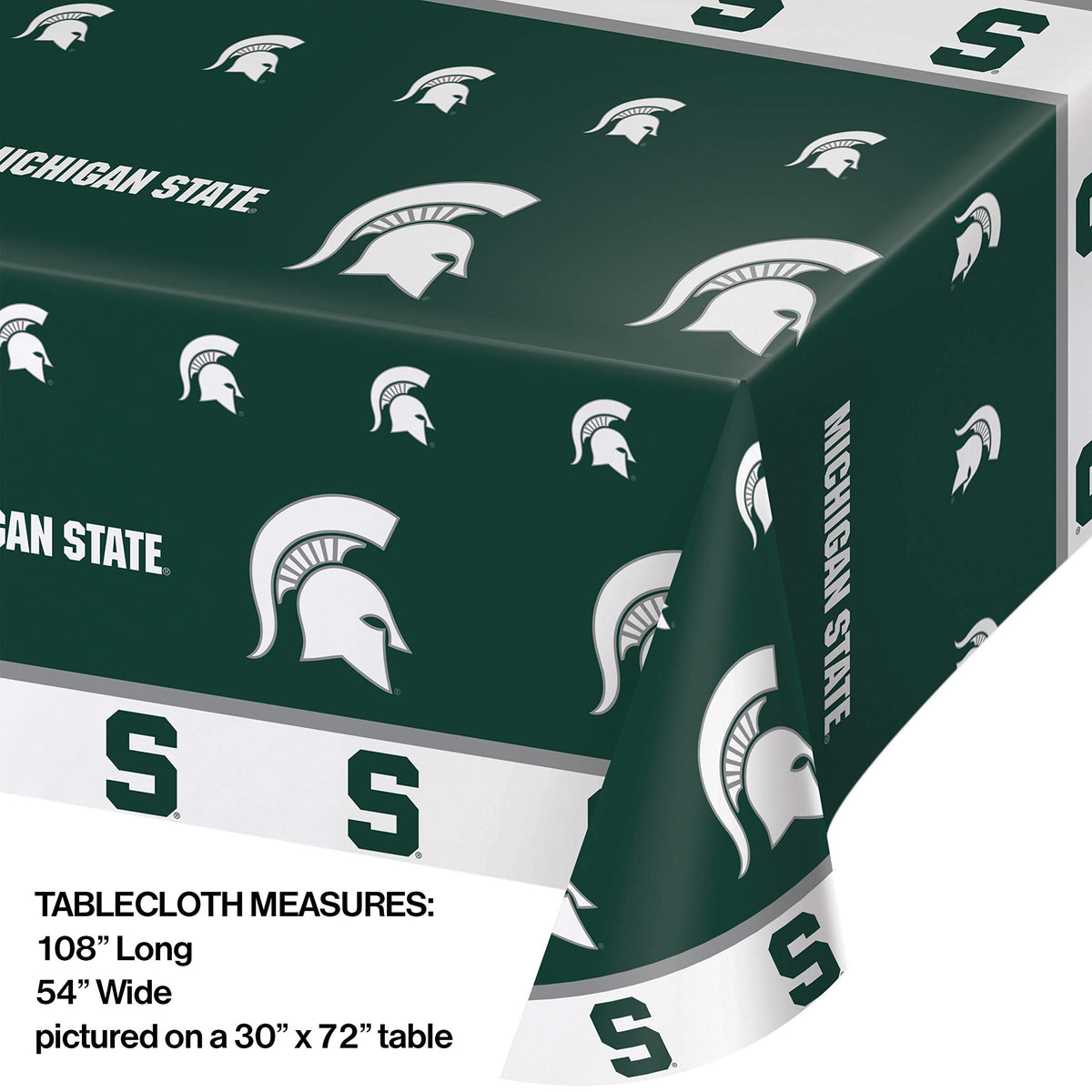 Creative Converting MSU plastic tablecloth close-up, vibrant green and white colors for easy cleanup after events.
