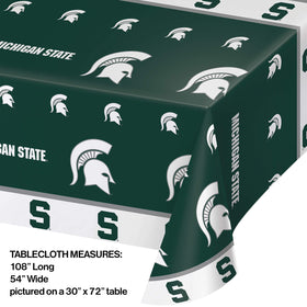 Creative Converting MSU plastic tablecloth close-up, vibrant green and white colors for easy cleanup after events.
