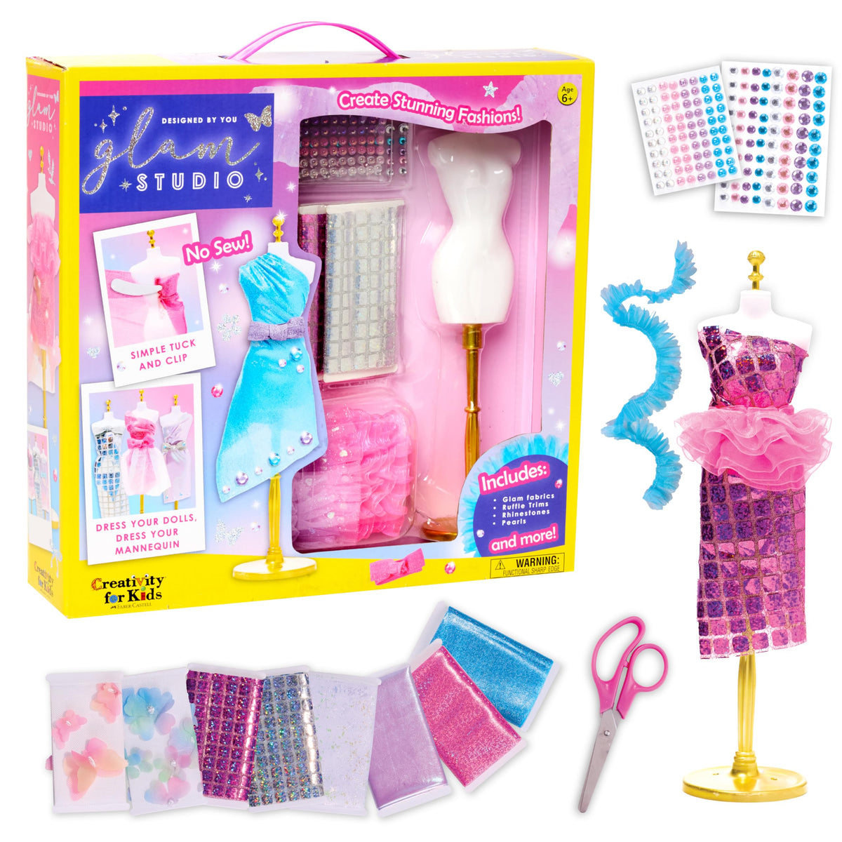Creativity for Kids Glam Studio mannequin showcases easy, no-sew fashion design for beginners.