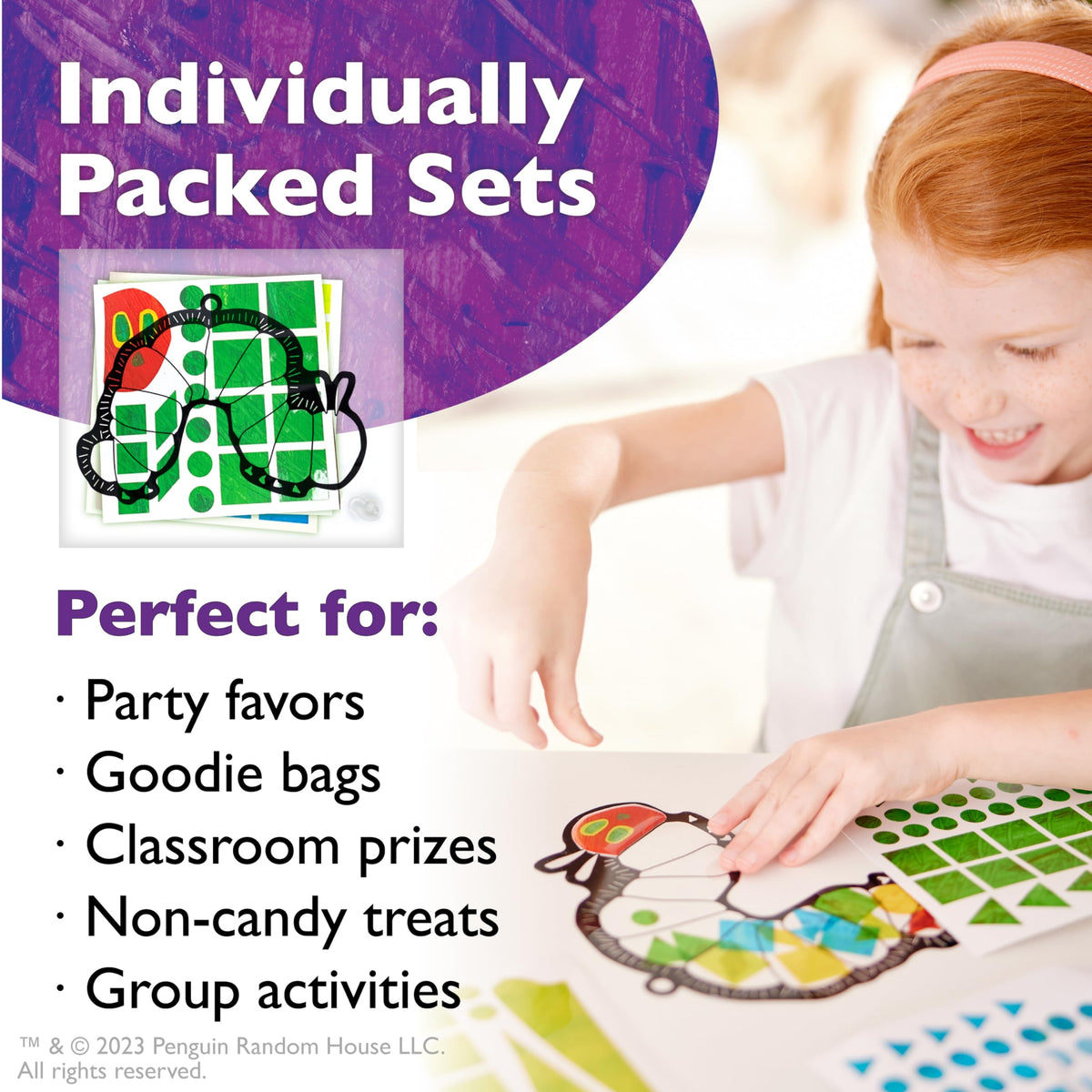 Creativity for Kids Hungry Caterpillar suncatchers are peel-and-stick, fostering fine motor skills