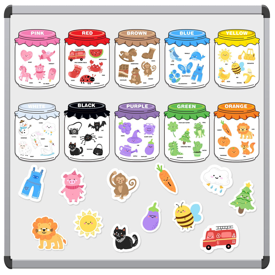 Creatoy magnetic color sorting set on fridge closeup showing color magnets for early color learning