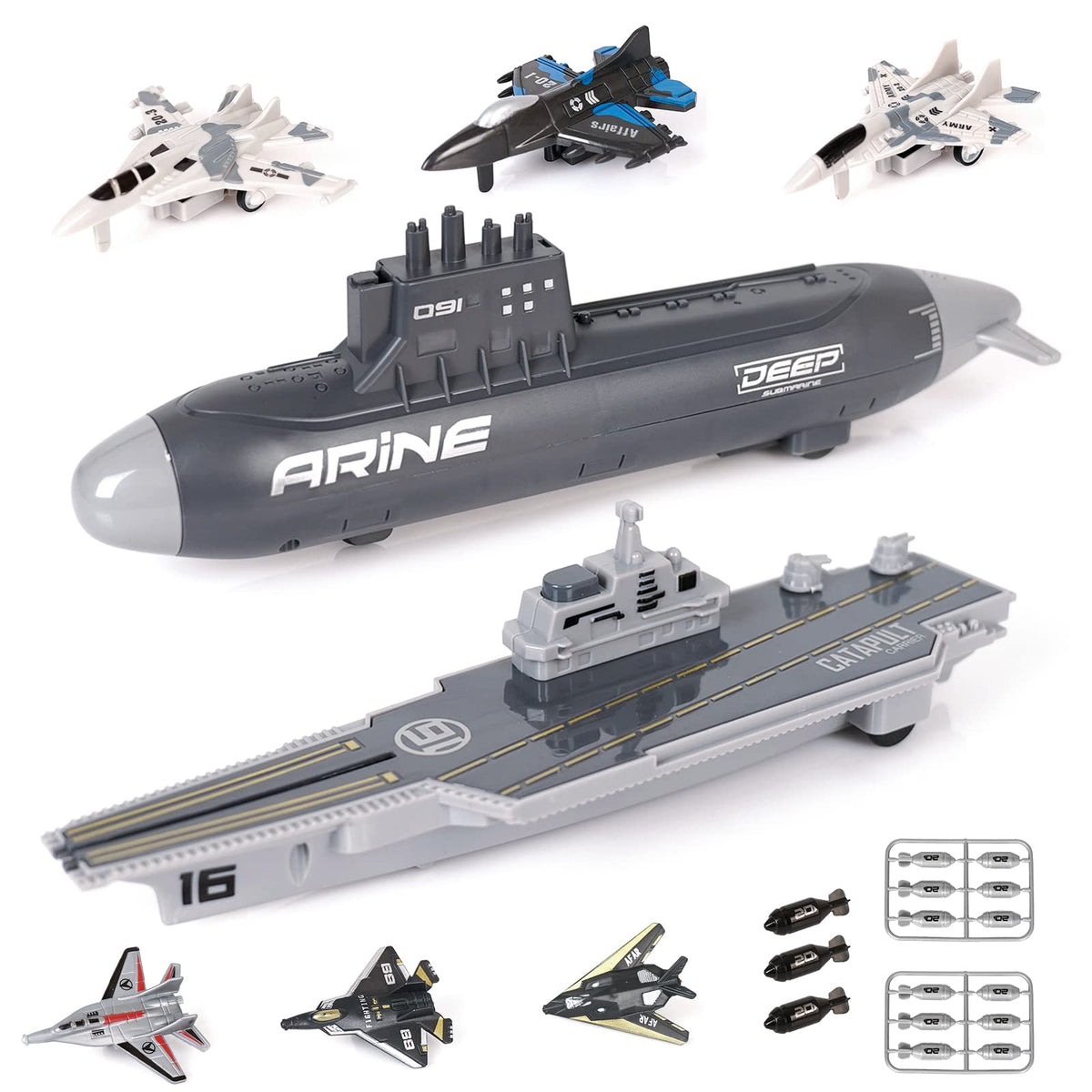 Crelloci aircraft carrier play set with fighter jets for imaginative naval missions.