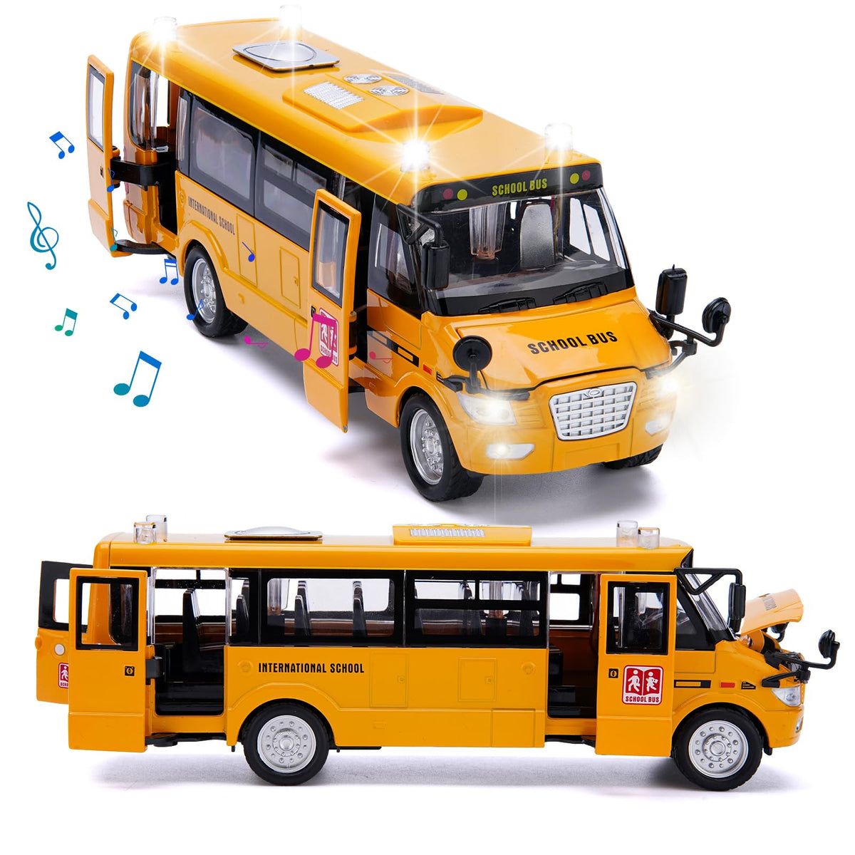 Crelloci school bus toy front view showing bright yellow finish for engaging playtime