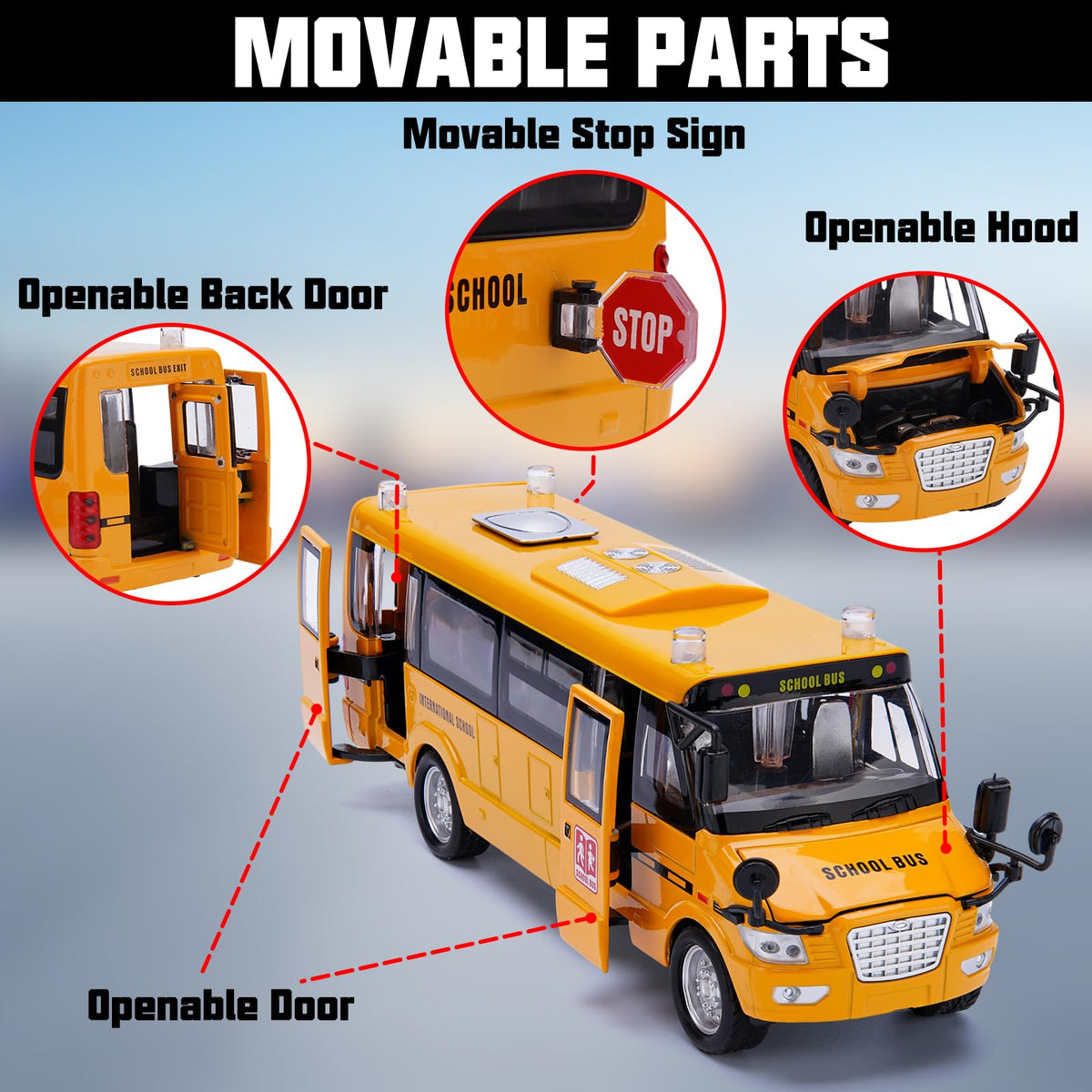Crelloci school bus toy side view highlighting durable die-cast body for long-lasting play