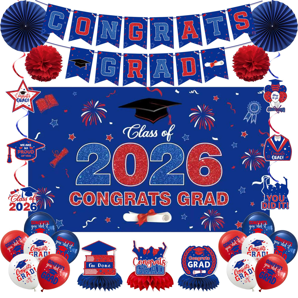 Crenics Congrats Grad Backdrop in blue and red, ideal for photos.