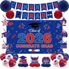 Crenics Congrats Grad Backdrop in blue and red, ideal for photos.