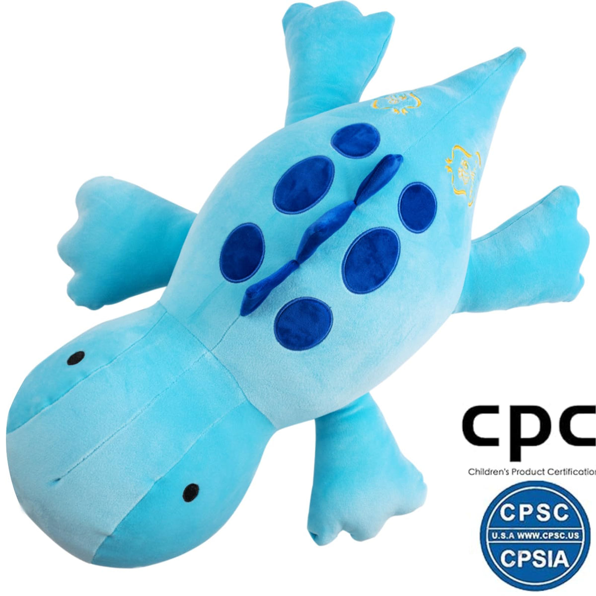 Crillop blue dinosaur side view shows full-body weighted plush for calm moments.