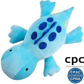 Crillop blue dinosaur side view shows full-body weighted plush for calm moments.