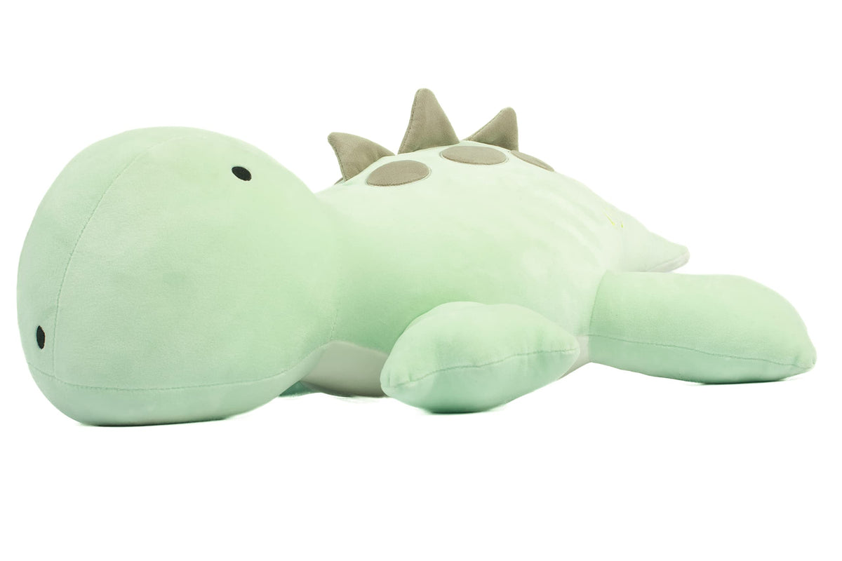 Crillop green dinosaur weighted plush, front view, provides a comforting hug to ease anxiety.