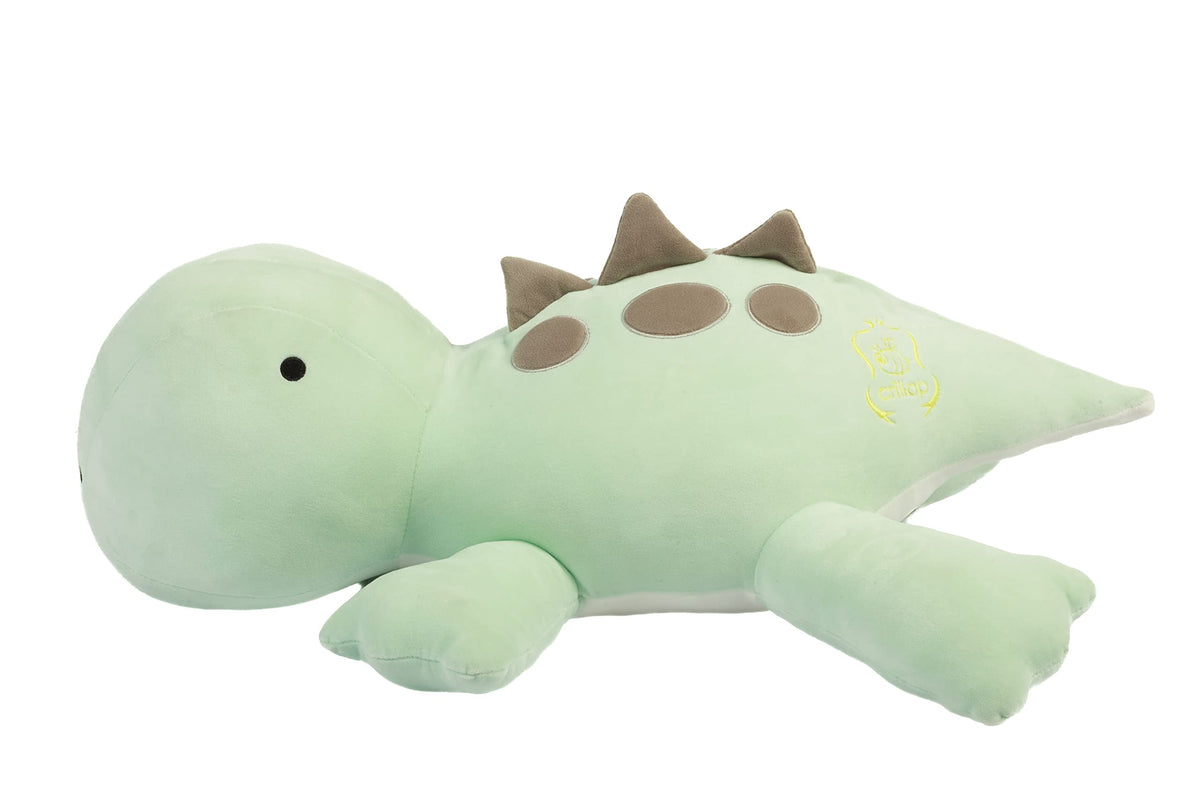 Crillop green dinosaur weighted plush, hugging scene, promotes relaxation and calm.
