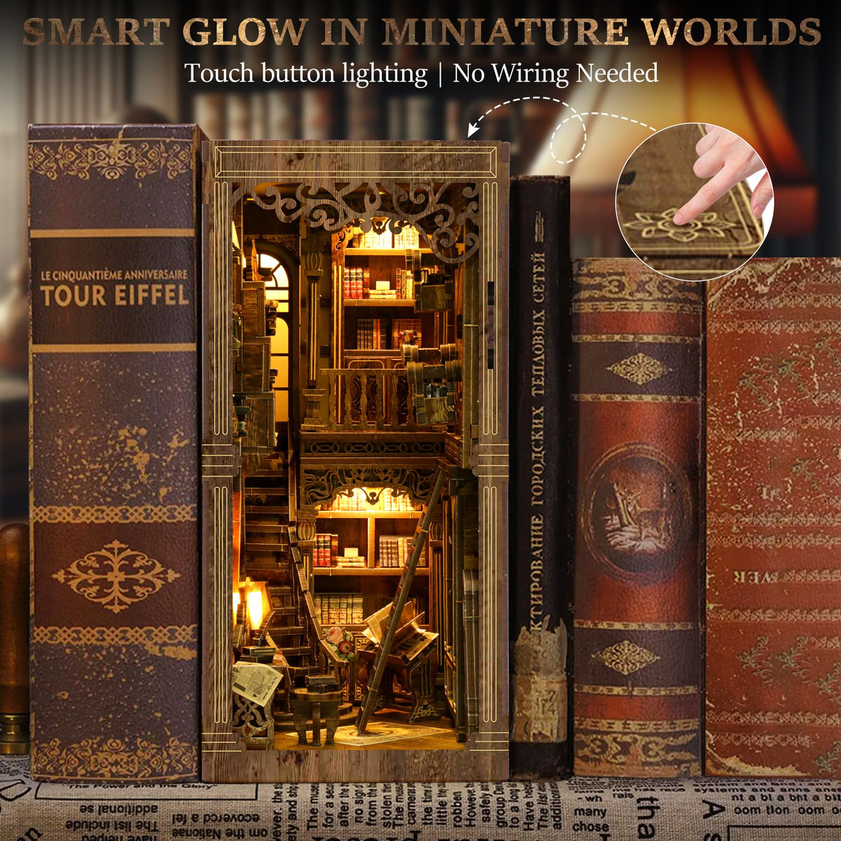 CRIOLPO Book Nook Kit detailed shelves highlight lifelike book spines.