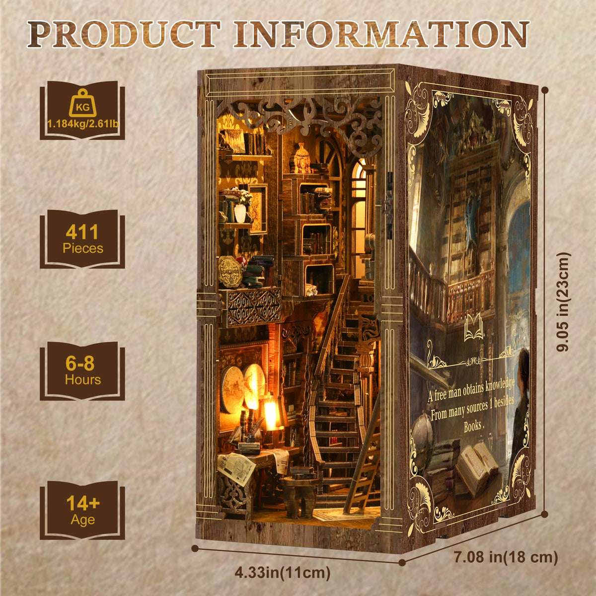 CRIOLPO Book Nook Kit LED lighting adds warm ambiance on display.