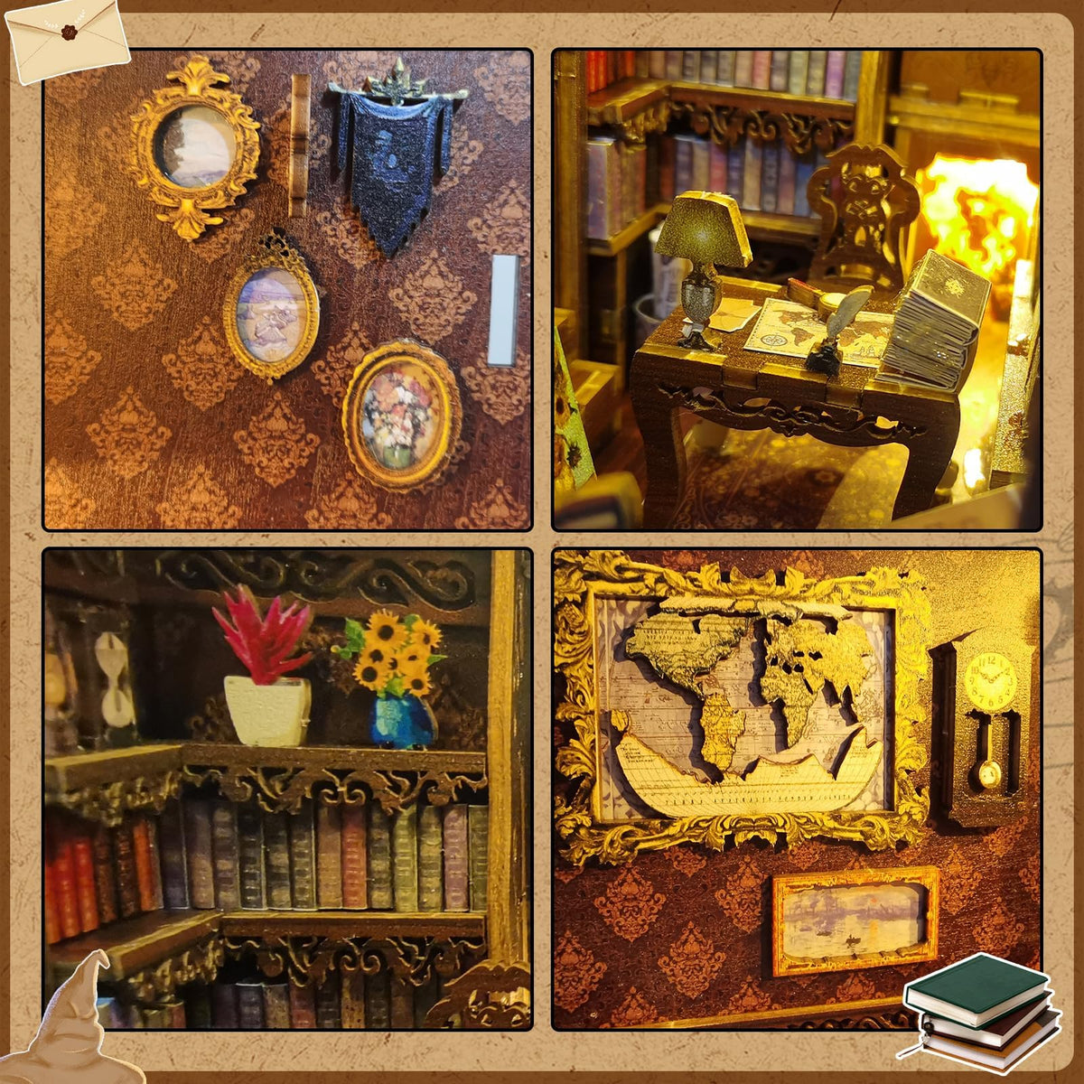CRIOLPO Book Nook Kit miniature doll house on shelf creates whimsy in your study.