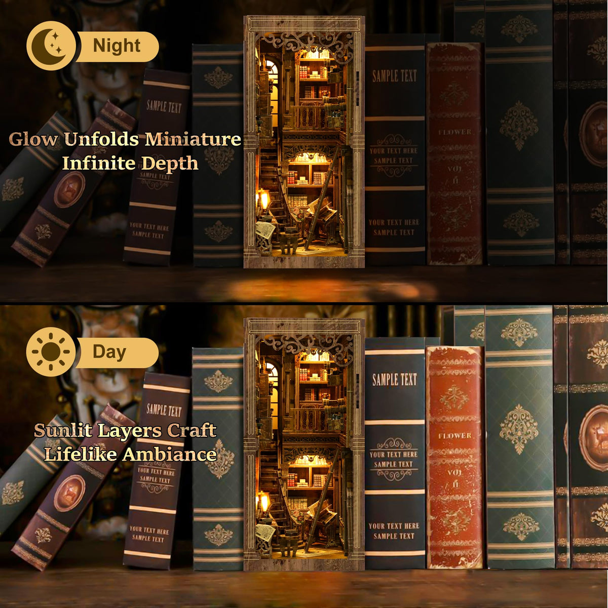CRIOLPO Book Nook Kit rustic ladder enhances depth and realism.
