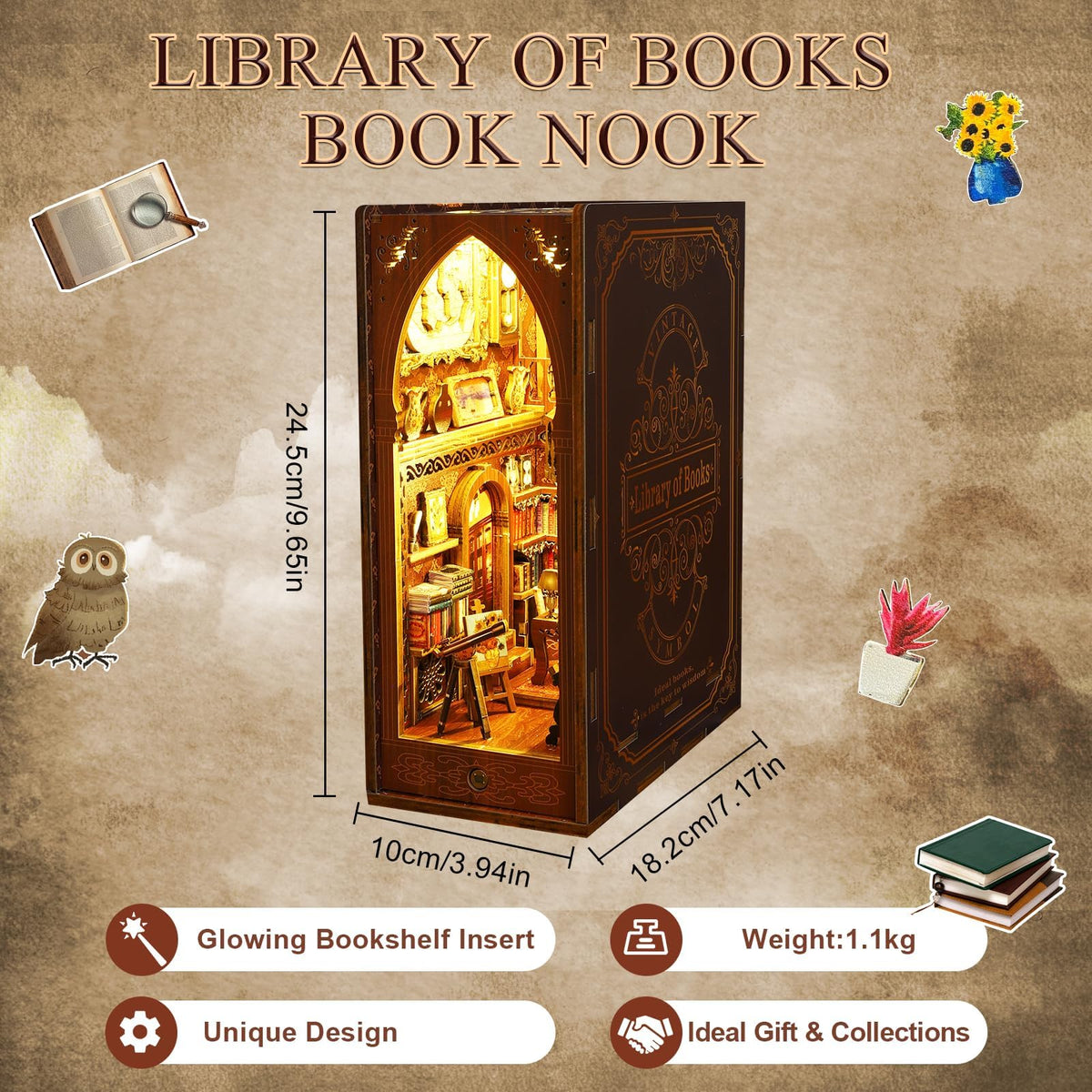 CRIOLPO Book Nook Kit table chairs telescope detail adds realism to the scene.