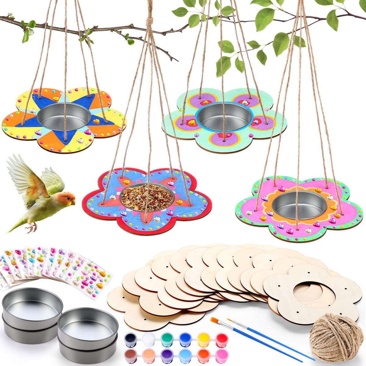 CroBlissful flower-shaped bird feeder kit ready for painting and garden display.