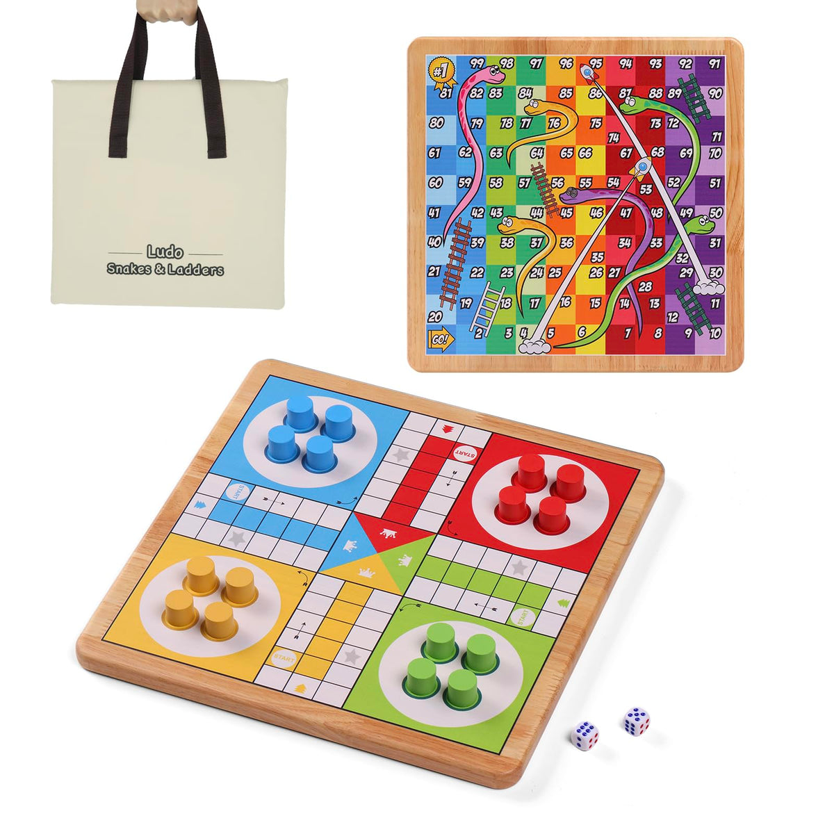 Crobyi 12-inch Ludo Snakes & Ladders board – front view with bold colors for durable play