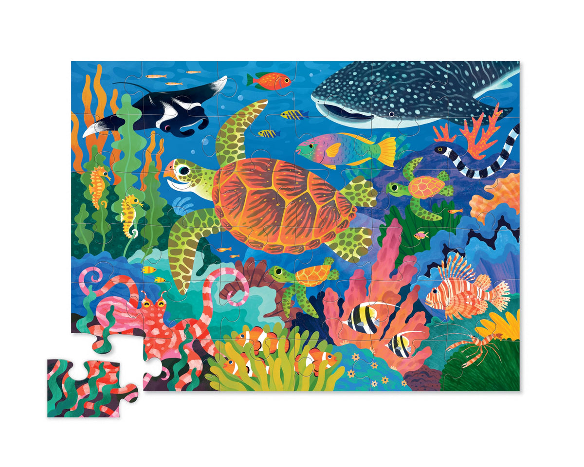 Crocodile Creek 36-piece sea turtle puzzle pieces laid out for attentive play