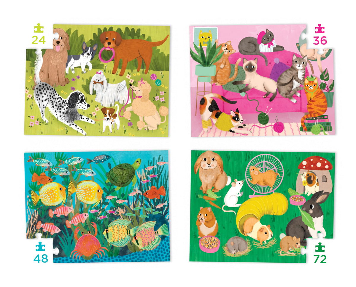Crocodile Creek Playful Pets levels illustration showing graded challenges for growth