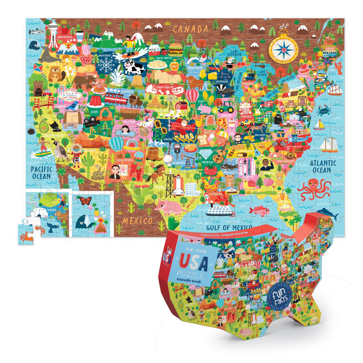 Crocodile Creek USA map puzzle box shows the finished map and sturdy storage.
