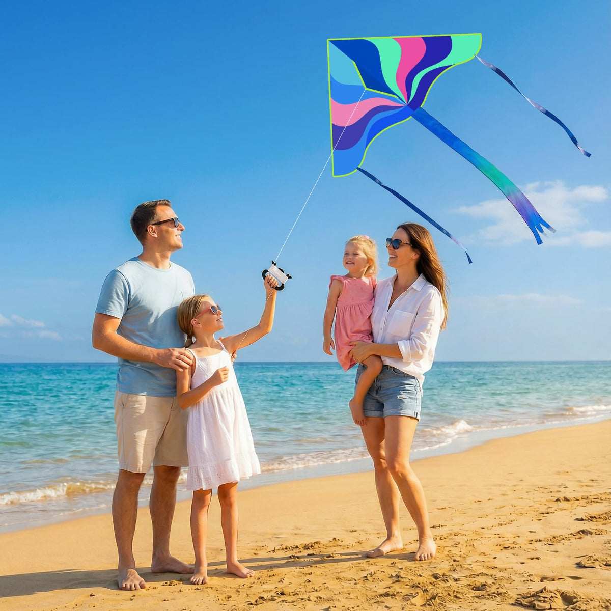 Crogift family day at the beach flying kites, creating lasting memories.