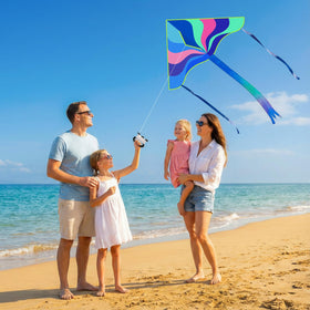 Crogift family day at the beach flying kites, creating lasting memories.