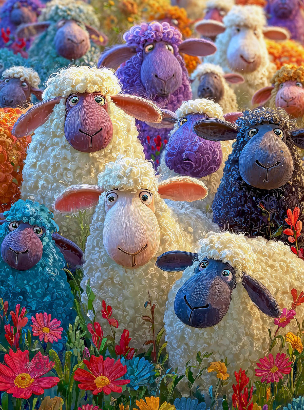 Cross & Glory All Eyes on Ewe puzzle front cover shows a playful flock in a sunlit field.
