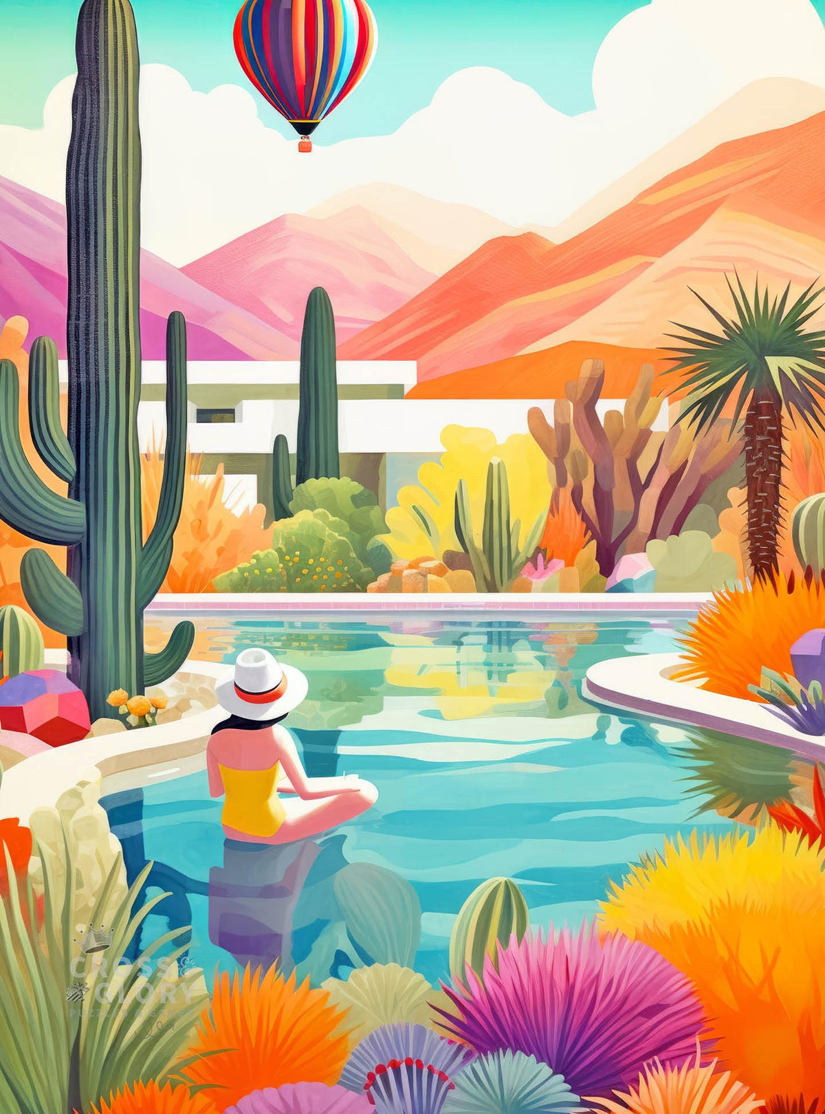 Cross and Glory Blossoming Desert poolside paradise puzzle art for immersive relaxation at home