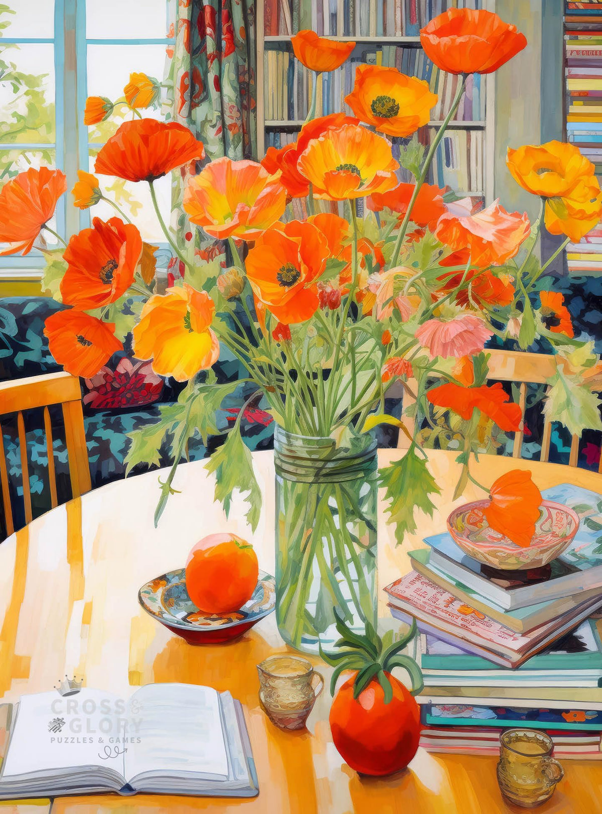 Cross and Glory Poppies Panorama Orange Elegance puzzle box on a table for family nights.