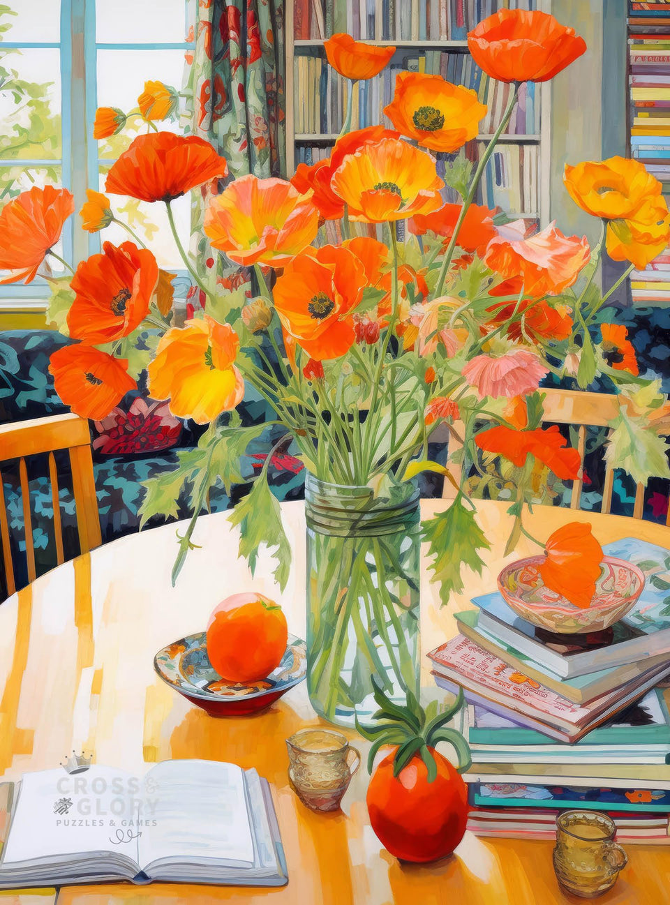 Cross and Glory Poppies Panorama Orange Elegance puzzle box on a table for family nights.