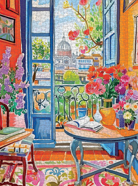 Vibrant floral city view art by Cross & Glory depicting colorful, calming scenery.