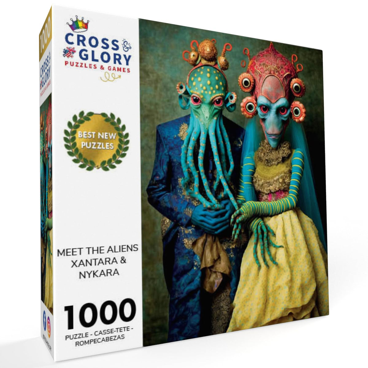 Cross and Glory blue-green skinned diplomat Xantara featured in vibrant puzzle scene.