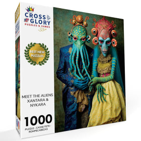 Cross and Glory blue-green skinned diplomat Xantara featured in vibrant puzzle scene.