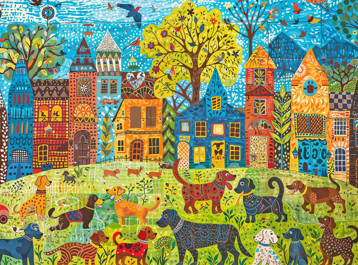Cross & Glory Colorful Canines puzzle box with dogs at play for relaxing evenings.