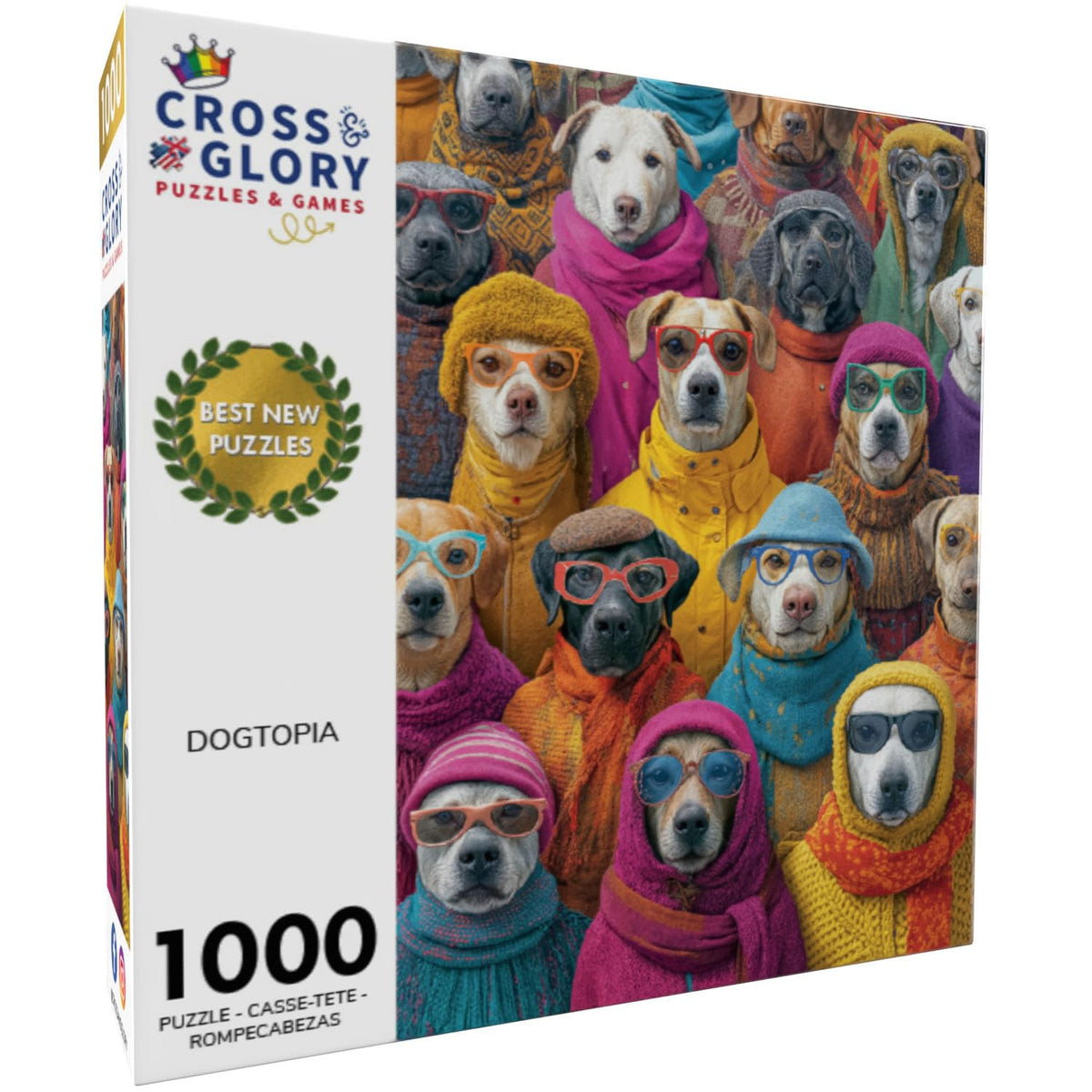 Cross & Glory Dogtopia fashion-dogs close-up, stylish pups for a colorful, mood-boosting puzzle.