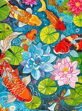 Cross and Glory Dragonfly Dreams scene with koi and lilies for relaxing puzzle time