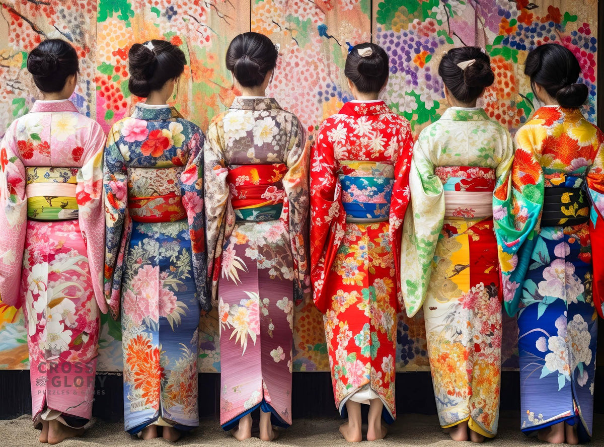 Cross & Glory Elegant Kimono Beauties puzzle front cover shows vibrant kimono artwork