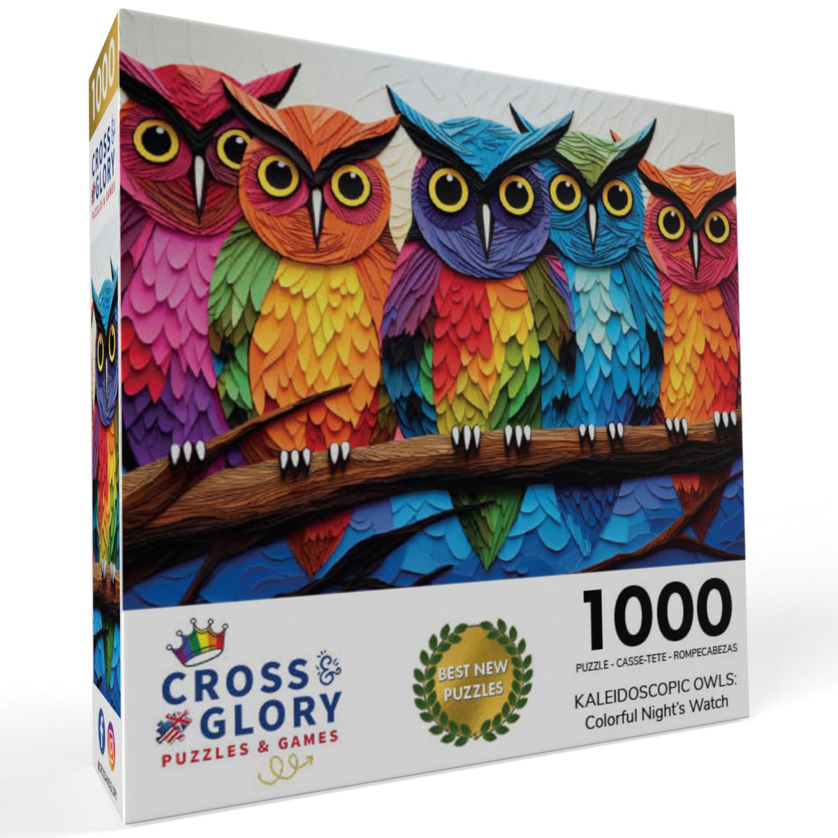 Cross & Glory Five-Owl multicolor puzzle highlights distinct hues for a challenging, engaging experience.