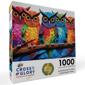 Cross & Glory Five-Owl multicolor puzzle highlights distinct hues for a challenging, engaging experience.